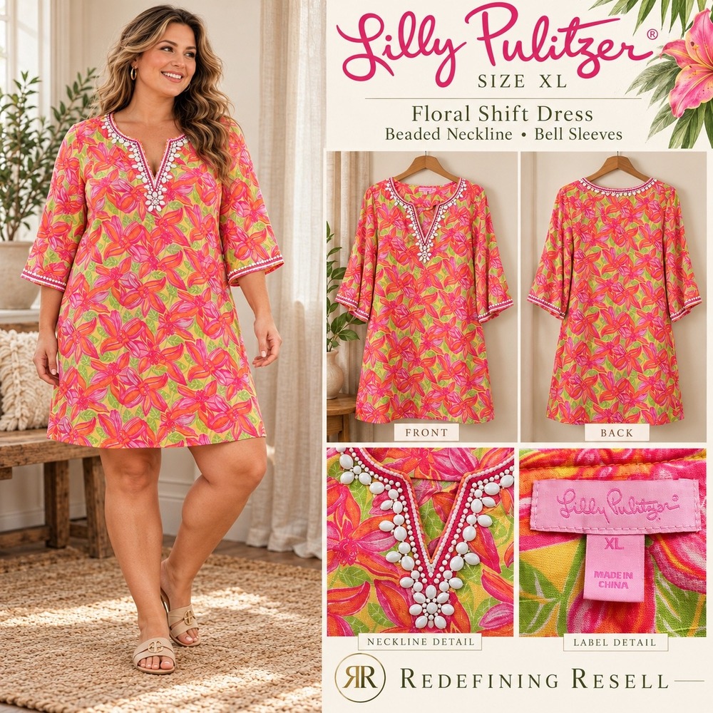 Lilly Pulitzer XL Floral Shift Dress Beaded Neckline Bell Sleeve Pink Orange